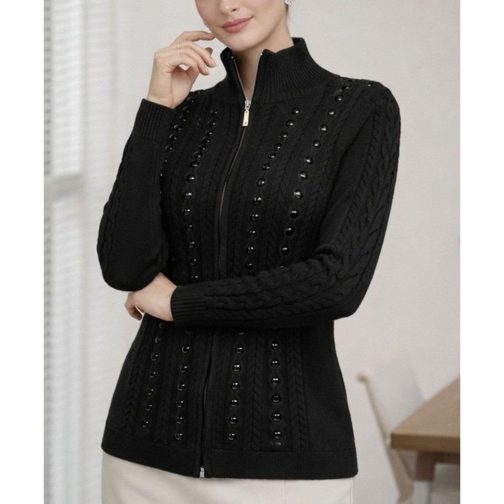 Vintage Y2K Boston Proper Beaded Zip Cardigan Sweater Women M Black Cable Knit